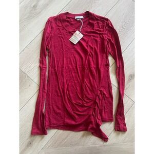 Stateside Pleated Tee Long‎ Sleeve Top S Extra Small Red Ruched Casual Fitted